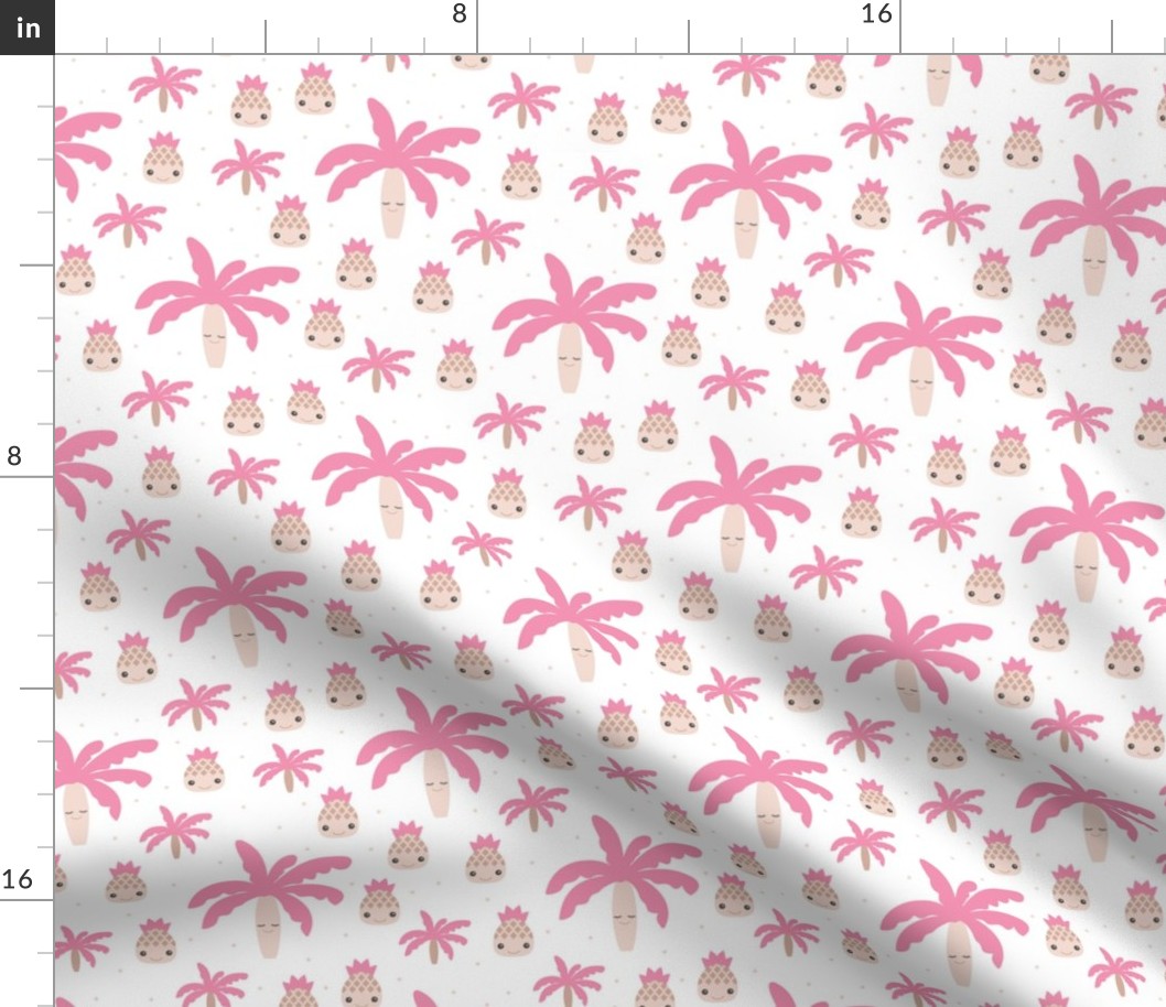 Cute summer spring kawaii tropical island palm trees and pineapples kids design soft pink