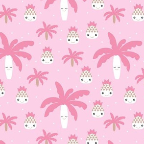 Cute summer spring kawaii tropical island palm trees and pineapples kids design pastel pink