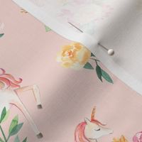 Watercolor Unicorns with flowers in pastel colors and pink background 