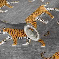 walking tigers on grey (woven) 