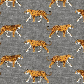walking tigers on grey (woven) 