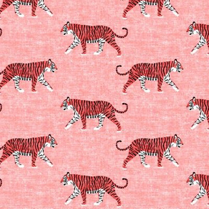 walking tiger on dark coral (woven)
