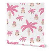 Cute summer spring kawaii tropical island palm trees and pineapples kids design soft pink XXL