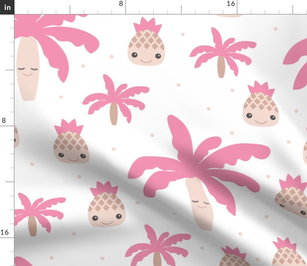 Cute summer spring kawaii tropical island palm trees and pineapples kids design soft pink XXL