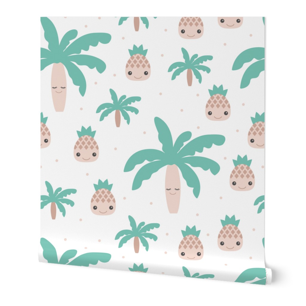 Cute summer spring kawaii tropical island palm trees and pineapples kids design soft mint XXL Jumbo