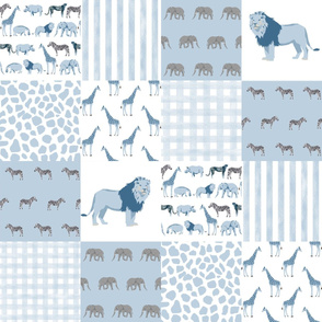 safari quilt blue and white lion elephant giraffes wholecloth nursery 