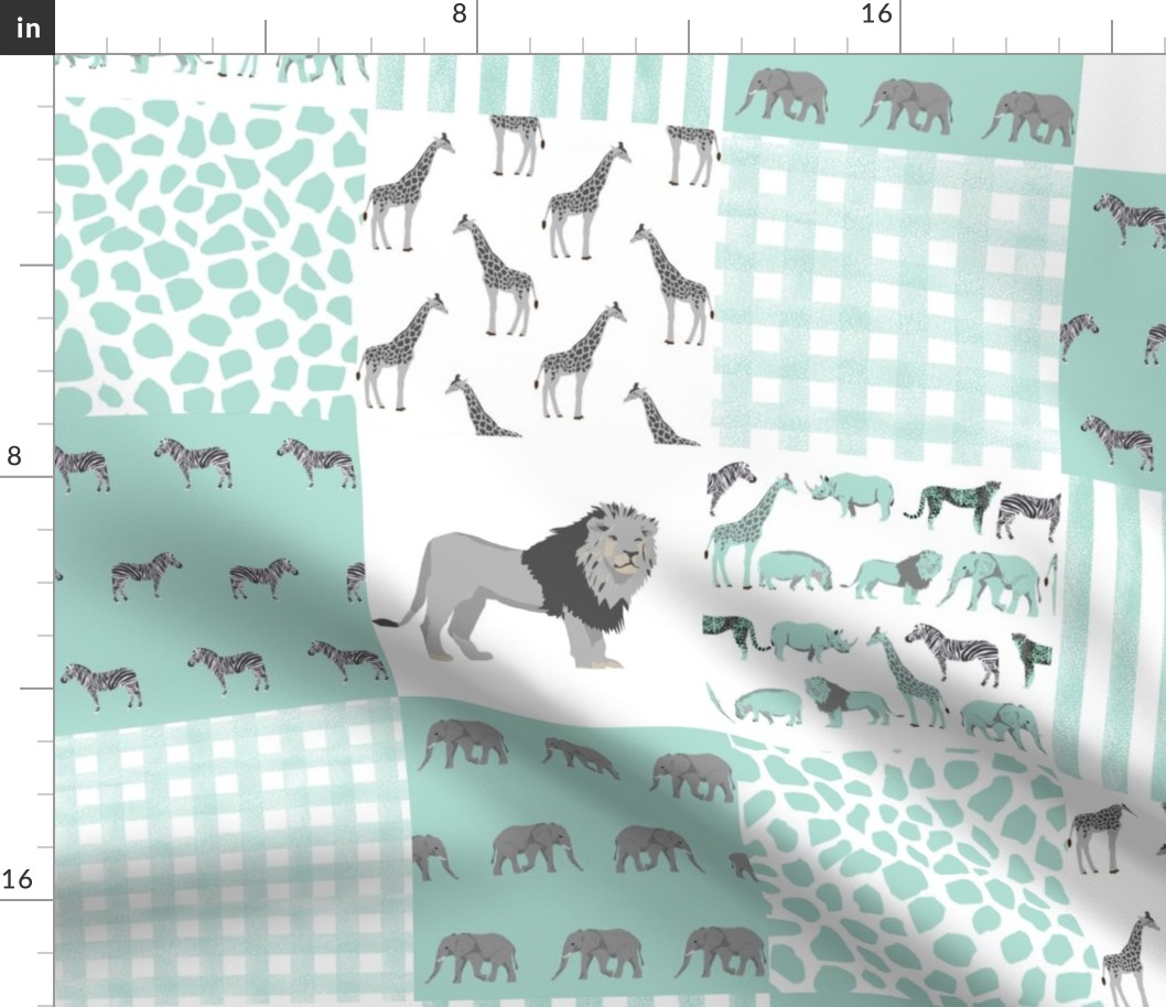 safari quilt mint and white lion elephant giraffes wholecloth nursery 