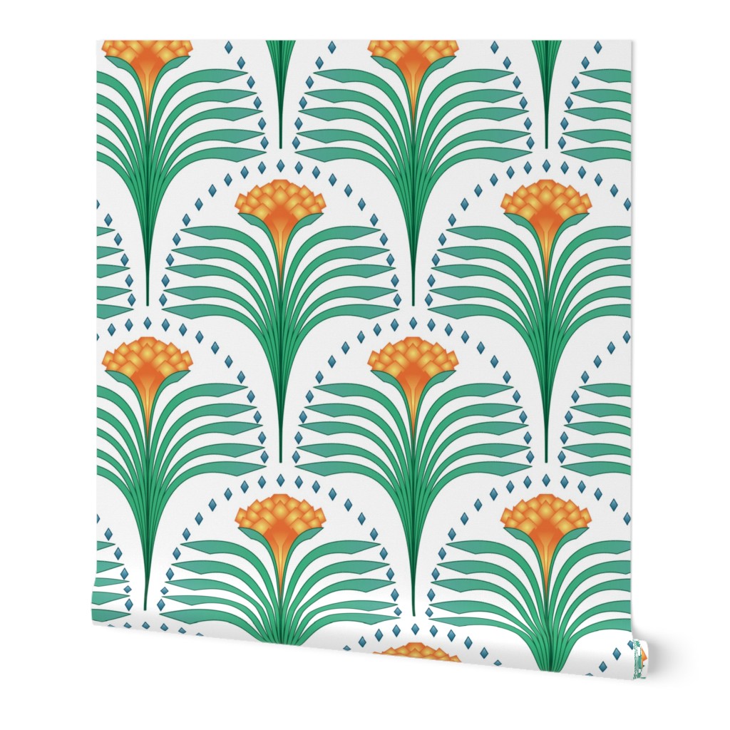 art deco flower in orange with green leaves