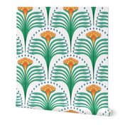art deco flower in orange with green leaves