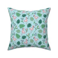 Cute tropical floral  jungle and flamingo birds pattern blue green