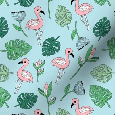 Cute tropical floral  jungle and flamingo birds pattern blue green