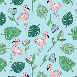 Cute tropical floral  jungle and flamingo birds pattern blue green