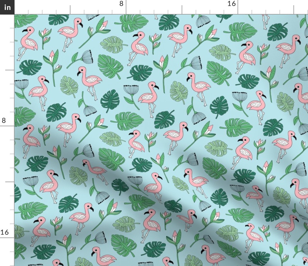 Cute tropical floral  jungle and flamingo birds pattern blue green