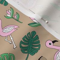 Cute tropical floral  jungle and flamingo birds pattern beige