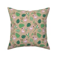 Cute tropical floral  jungle and flamingo birds pattern beige