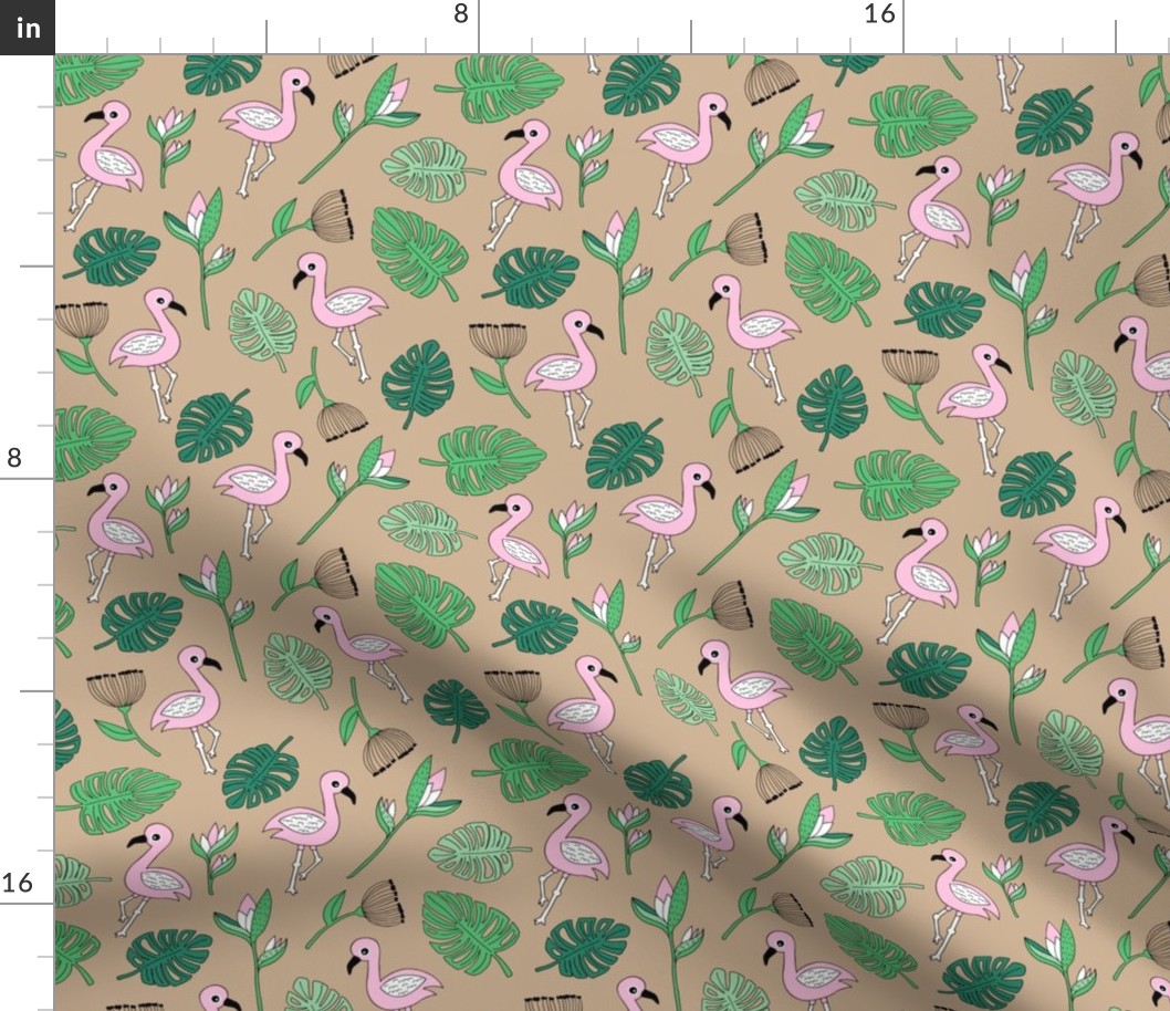 Cute tropical floral  jungle and flamingo birds pattern beige