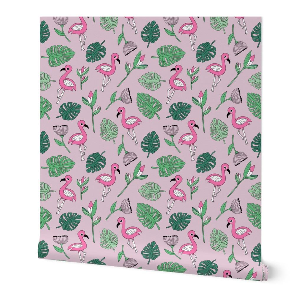 Cute tropical floral  jungle and flamingo birds pattern pink lilac