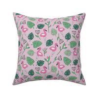 Cute tropical floral  jungle and flamingo birds pattern pink lilac