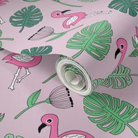 Cute tropical floral  jungle and flamingo birds pattern pink lilac