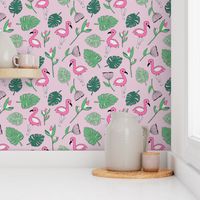 Cute tropical floral  jungle and flamingo birds pattern pink lilac