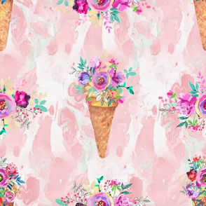 WATERCOLOR FLOWERS ICE CREAM CONES MARBLED PINK CORAL