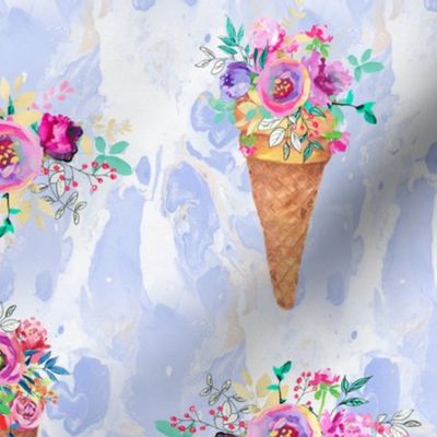 WATERCOLOR FLOWERS ICE CREAM CONES MARBLED PERIWINKLE BLUE