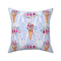 WATERCOLOR FLOWERS ICE CREAM CONES MARBLED PERIWINKLE BLUE