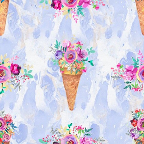 WATERCOLOR FLOWERS ICE CREAM CONES MARBLED PERIWINKLE BLUE