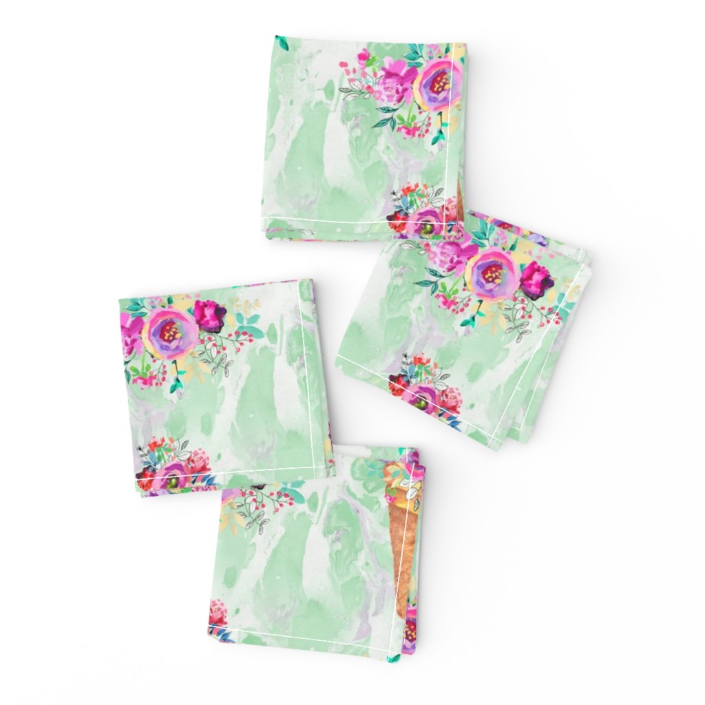 WATERCOLOR FLOWERS ICE CREAM CONES MARBLED SPRING GREEN mint