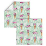 WATERCOLOR FLOWERS ICE CREAM CONES MARBLED SPRING GREEN mint