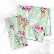 WATERCOLOR FLOWERS ICE CREAM CONES MARBLED SPRING GREEN mint