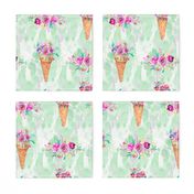 WATERCOLOR FLOWERS ICE CREAM CONES MARBLED SPRING GREEN mint