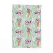 WATERCOLOR FLOWERS ICE CREAM CONES MARBLED SPRING GREEN mint