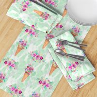 WATERCOLOR FLOWERS ICE CREAM CONES MARBLED SPRING GREEN mint