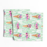 WATERCOLOR FLOWERS ICE CREAM CONES MARBLED SPRING GREEN mint