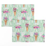 WATERCOLOR FLOWERS ICE CREAM CONES MARBLED SPRING GREEN mint