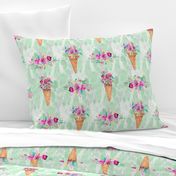 WATERCOLOR FLOWERS ICE CREAM CONES MARBLED SPRING GREEN mint