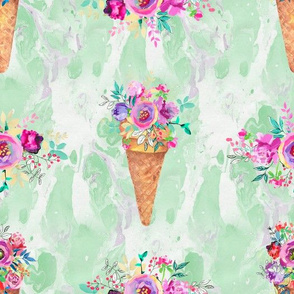 WATERCOLOR FLOWERS ICE CREAM CONES MARBLED SPRING GREEN mint