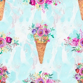 WATERCOLOR FLOWERS ICE CREAM CONES MARBLED TURQUOISE by FLOWERYHAT