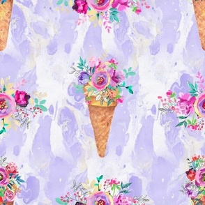 WATERCOLOR FLOWERS ICE CREAM CONES MARBLED VIOLET FLWRHT