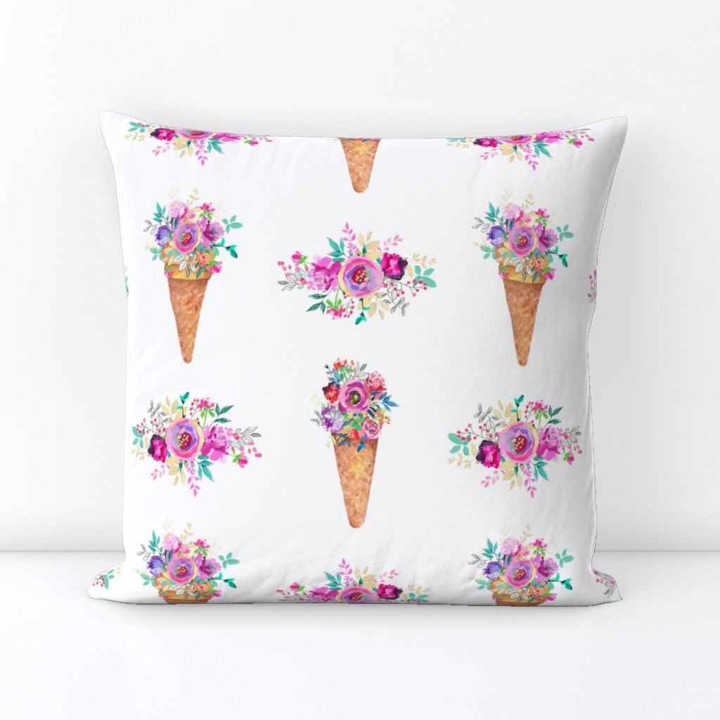 WATERCOLOR FLOWERS ICE CREAM CONES WHITE