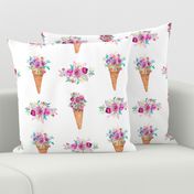 WATERCOLOR FLOWERS ICE CREAM CONES WHITE