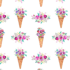 WATERCOLOR FLOWERS ICE CREAM CONES WHITE