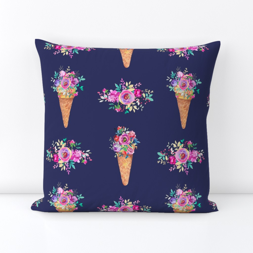 WATERCOLOR FLOWERS ICE CREAM CONES INDIGO