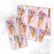 WATERCOLOR FLOWERS ICE CREAM CONES ROWS MARBLED BABY PINK  CORAL