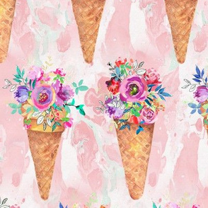WATERCOLOR FLOWERS ICE CREAM CONES ROWS MARBLED BABY PINK  CORAL