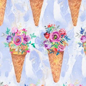 WATERCOLOR FLOWERS ICE CREAM CONES ROWS MARBLED PERIWINKLE BLUE