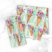 WATERCOLOR FLOWERS ICE CREAM CONES ROWS MARBLED SPRING GREEN by FLOWERYHAT