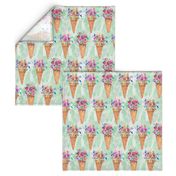 WATERCOLOR FLOWERS ICE CREAM CONES ROWS MARBLED SPRING GREEN by FLOWERYHAT