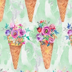 WATERCOLOR FLOWERS ICE CREAM CONES ROWS MARBLED SPRING GREEN by FLOWERYHAT